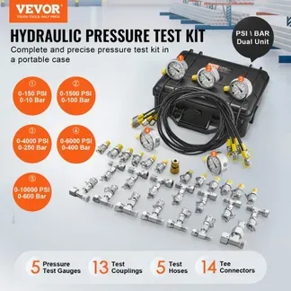 VEVOR Hydraulikdruck-Testkit, 10/100/250/400/600 bar, 5 Messgeräte, 13 Kupplungen, 14 T-Anschlüsse, 5 Testschläuche, Bagger-Hydraulik-Testmanometer-Set mit Tragetasche für Bagger-Traktoren-Maschinen VEVOR Hydraulikdruck-Testkit, 10/100/250/400/600 bar, 5 Messgeräte, 13 Kupplungen, 14 T-Anschlüsse, 5 Testschläuche, Bagger-Hydraulik-Testmanometer-Set mit Tragetasche für Bagger-Traktoren-Maschinen