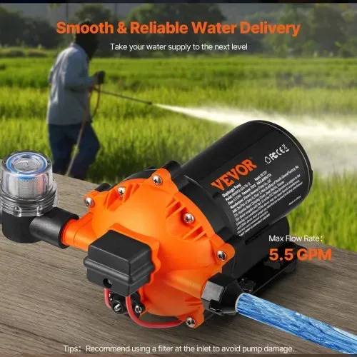 VEVOR Wassermembranpumpe, 12 V DC, 5,5 GPM Durchfluss, 70 PSI Nenndruck (40–100 PSI einstellbar), 1/2 Zoll MNPT selbstansaugende Sprühpumpe mit Druckschalter für Wohnmobil, Camper, Marine, Boot, Rasen, FCC-zertifiziert – Bild 4