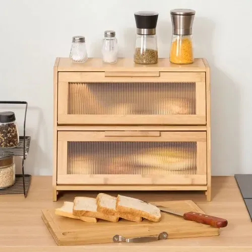 VEVOR Doppellagiger Brotkasten für Küchentheke Brotbehälter Brotbox Brot-Organizer aus Holz für selbstgebackenes Brot, Aufbewahrungsbehälter mit gewellter Acryl-Türplatte, Brotaufbewahrung Natur – Bild 7