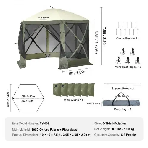VEVOR Pop-Up-Pavillonzelt, Pop-Up-Zelt mit 6-seitigem Baldachin, Sonnenschutz mit 6 abnehmbaren Sichtschutz-Windtüchern und Netzfenstern, 10 x 10 Fuß, Schnellaufbau-Zelt mit Moskitonetz, Armeegrün – Bild 6