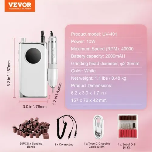 VEVOR Elektrischer Nagelbohrer, tragbarer E-Nagelfräser mit 40.000 U/min, Acryl-Gel-Schleifwerkzeug mit LCD-Display und 6 Bits und 50 Schleifbändern für Maniküre, Pediküre, Schnitzen und Polieren – Bild 6