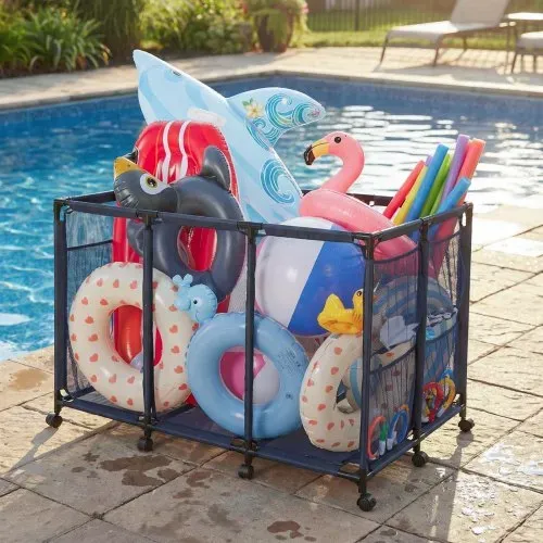 VEVOR Pool-Aufbewahrungsbehälter, 125x84x84 cm, Aufbewahrungsbox, Aufbewahrungswagen, Organizer mit Seitentaschen & Rollen, Robustem Metallrahmen, Netzkorb für Poolspielzeug – Bild 7