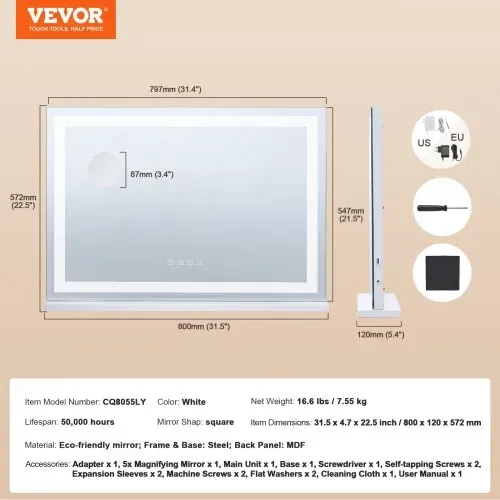 VEVOR Hollywood Schminkspiegel mit Beleuchtung, Kosmetikspiegel mit 3 Farbbeleuchtungsmodi, LED-Schminkspiegel mit Lichtern, 5-fache Vergrößerung, Bluetooth, USB, Smart-Touch-Steuerung, 797x547mm – Bild 6