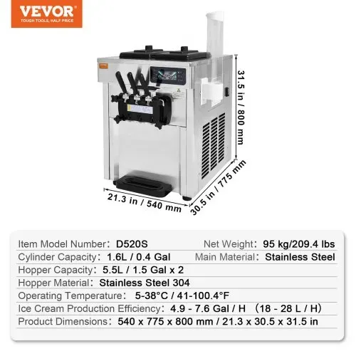 VEVOR Kommerzielle Eismaschine 18–28 L/h, 3 Geschmacksrichtungen, Italienische Eismaschine, 2 x 5,5 L Trichter, LCD-Panel, Automatische Vorkühlung, Reinigung, für Joghurt, Kaffee, Snackbar, Restaurant – Bild 6