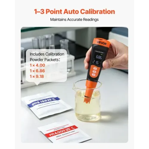 VEVOR pH-Meter, pH/EC/TDS Multiparameter-Messung, IP68 Wasserdichte Sonde, Taschen-Tester-Set mit Kalibrierpulver-Päckchen, VA-Display, PH Messgerät, Wassertester für Wasserqualitätsprüfung – Bild 2