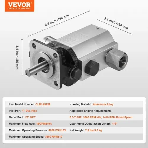 VEVOR Hydraulische Holzspalterpumpe 60 L/min 2-stufige 276 bar Holzspalterpumpe 2,54 cm Einlass 1,27 cm NPT Auslass 3600 U/min hydraulische Aluminium-Zahnradpumpe für Holzspalter mit kleinem Motor Schneepflug – Bild 6