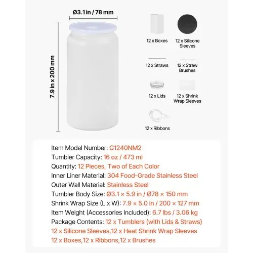 VEVOR Sublimationsbecher 12 Stk. (473 mL), Mehrfarbige Sublimationsthermobecher aus Edelstahl mit Deckeln & Strohhalm, Doppelwandige Isolierte Sublimationstrinkflaschen für DIY-Projekte Geschenke – Bild 6