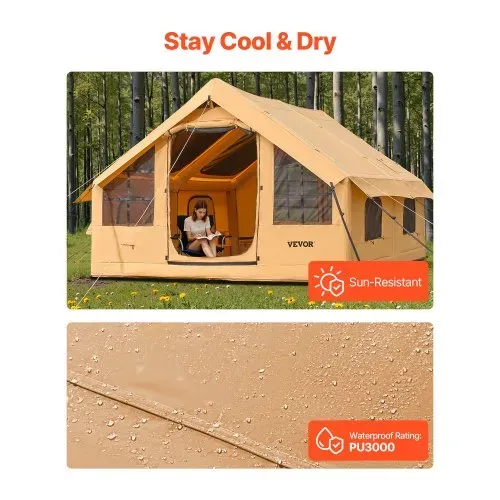 VEVOR Aufblasbares Zelt für Camping, 5-8 Personen Zelt mit Handpumpe, 4x3x2,2 m Glamping-Zelt mit 2 Oberlichtern, Baldachin, Ofenanschluss, 2 Türen, Netzfenstern & Aufbewahrungstasche – Bild 4