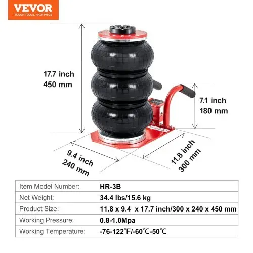 VEVOR Pneumatischer Wagenheber Triple Bag Air Jack 3 t, Dreifachbeutel-Luftheber 140-450 mm Hubhöhe Airbag-Luftwagenheber, 5 Minuten Hub Luftheber mit kurzem Griff, Wagenheber Rot Arbeitssparend – Bild 6