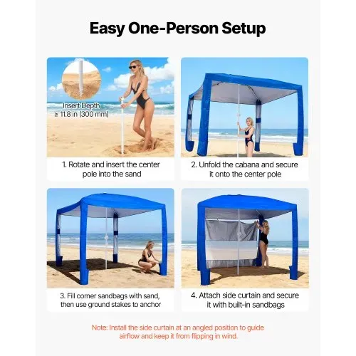 VEVOR Strand-Cabana, 2,4 x 2,4 m Strandzelt mit Seitenwand, UPF 50+ Sonnenschutz, Strandpavillon mit Sandsäcken, höhenverstellbarer & tragbarer Sonnenschutz für Familie und Freunde, Blau – Bild 4