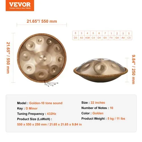 VEVOR Handpan, 55 cm, 10 Noten, D-Moll-Handtrommel, Drum-Instrument mit Schlägeln, 432-Hz-Handpan-Ständer & Tragetasche, Heilende Klangtrommel aus Stahl, Schlaginstrumente für Erwachsene & Anfänger – Bild 6