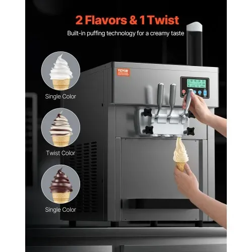 VEVOR Kommerzielle Eismaschine, 1800 W, 3-Geschmacksrichtungen, Softeismaschine Arbeitsplatte, 2 x 4 L Trichter, 2 x 1,8 L Zylinder, LCD-Bildschirm, Automatische Reinigung, Vorkühlung – Bild 2