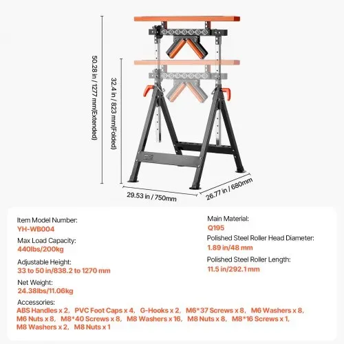 VEVOR 4-in-1-Rollenständer 200 kg, Rollenbock 84–127 cm höhenverstellbar, Arbeitsbock mit Zahnstange & poliertem, multidirektionalem Rollenkopf, für Tischkreissägen-Auslauf, Verlängerungsstütze – Bild 6