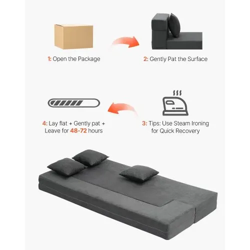 VEVOR 3 in 1 Klappsofa faltbares Schlafsofa mit 3 Kissen & waschbarem Bezug, umwandelbarer Schlafsessel aus 25D Memory Foam, Couch für Wohnzimmer Schlafzimmer, Hellgrau (TWIN /1030x1930x225mm) – Bild 5