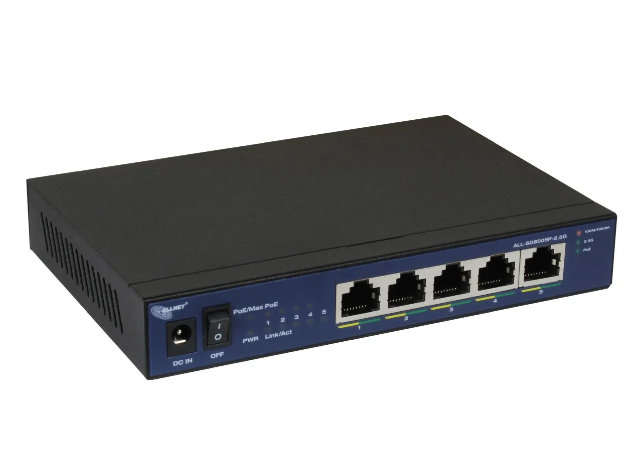 ALLNET Switch unmanaged 5 Port 2.5GBit • 5x PoE • 1x LAN • Lüfterlos • „ALL-SG8005P-2.5G“ ALLNET Switch unmanaged 5 Port 2.5GBit • 5x PoE • 1x LAN • Lüfterlos • „ALL-SG8005P-2.5G“