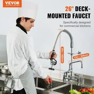 VEVOR Kommerzielle Küchenarmatur Wasserhahn mit Ausziehbarer Vorspülbrause, 66 cm Höhe, 203 mm Mitte, 305 mm Schwenkauslauf, Messing Küchenspülenarmatur zur Deckmontage, für 1/2/3-Fach-Spüle Silber VEVOR Kommerzielle Küchenarmatur Wasserhahn mit Ausziehbarer Vorspülbrause, 66 cm Höhe, 203 mm Mitte, 305 mm Schwenkauslauf, Messing Küchenspülenarmatur zur Deckmontage, für 1/2/3-Fach-Spüle Silber