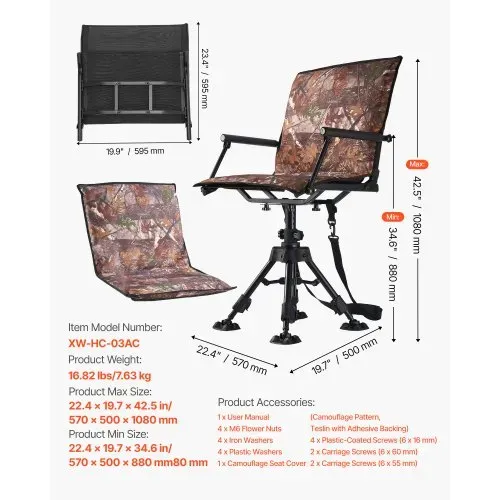 VEVOR Faltstuhl Campingstuhl Anglerstuhl mit Armlehnen, höhenverstellbarer Klappstuhl Gartenstuhl (158 kg belastbar) 360° geräuschlos drehbar, 420-625 mm (Sitzhöhe) für Picknick Garten Outdoor – Bild 6