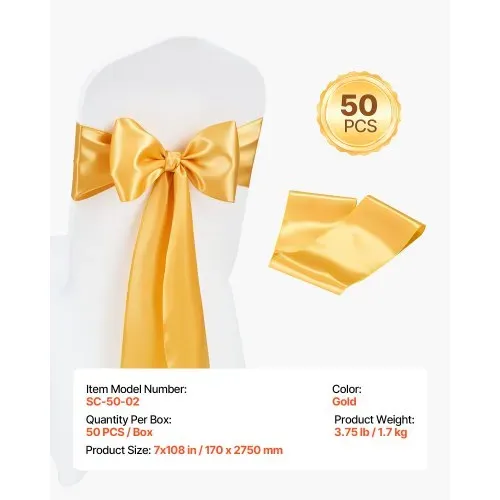 VEVOR Stretch-Stuhlschärpen mit Schleifen aus Spandex, Stuhlhussen & Stretch-Stuhlschärpen, Elastische Stuhlbänder, Passende Stuhldekoration für Hochzeiten, Partys und Feste (50 Stück, Gold) – Bild 6