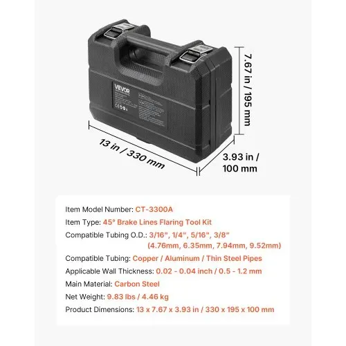 VEVOR 9 tlg. Bremsleitung Bördelgerät Set, 45° Bördelwerkzeug für Bubble- & Doppelbördelung, Rohraufweiter mit 4 Satz Matrizen für 4,76-9,52mm Außendurchmesser, Bremsleitung Reparatursatz für KFZ – Bild 6