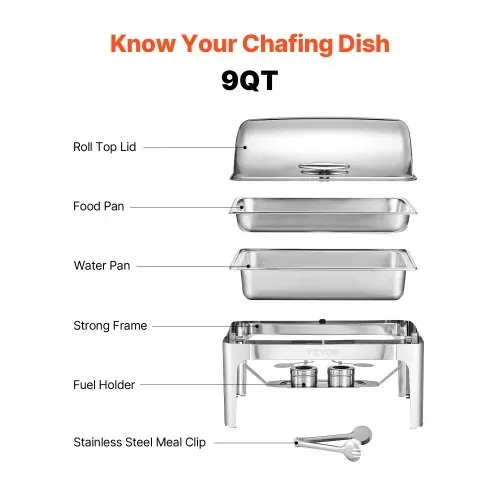 VEVOR Chafing Dish Set Speisenwärmer Edelstahl mit Pfannen in voller Größe (8,5 L), rechteckiger Wärmespender mit Roll Top Deckel & Wasserpfannenständer & Brennstoffhalter, für Buffet Silber – Bild 5