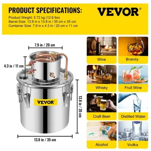 VEVOR Alkohol Destillierapparat 30 L, Alkohol Destillierapparat mit Umwälzpumpe, Alkohol Destillierapparat Kupferrohr, Whiskey Destillierapparat mit eingebautem Thermometer, Edelstahl – Bild 6
