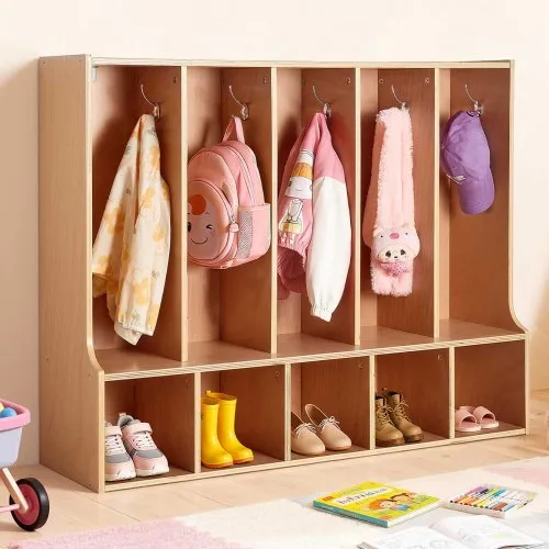 VEVOR Offener Kinderkleiderschrank aus Sperrholz, Kindergarderobe mit 10 Haken & 10 Fächern (5 Groß + 5 Klein), Garderobenregal & Aufbewahrungsregal für Kinderzimmer Zuhause Kindergarten Kita VEVOR Offener Kinderkleiderschrank aus Sperrholz, Kindergarderobe mit 10 Haken & 10 Fächern (5 Groß + 5 Klein), Garderobenregal & Aufbewahrungsregal für Kinderzimmer Zuhause Kindergarten Kita