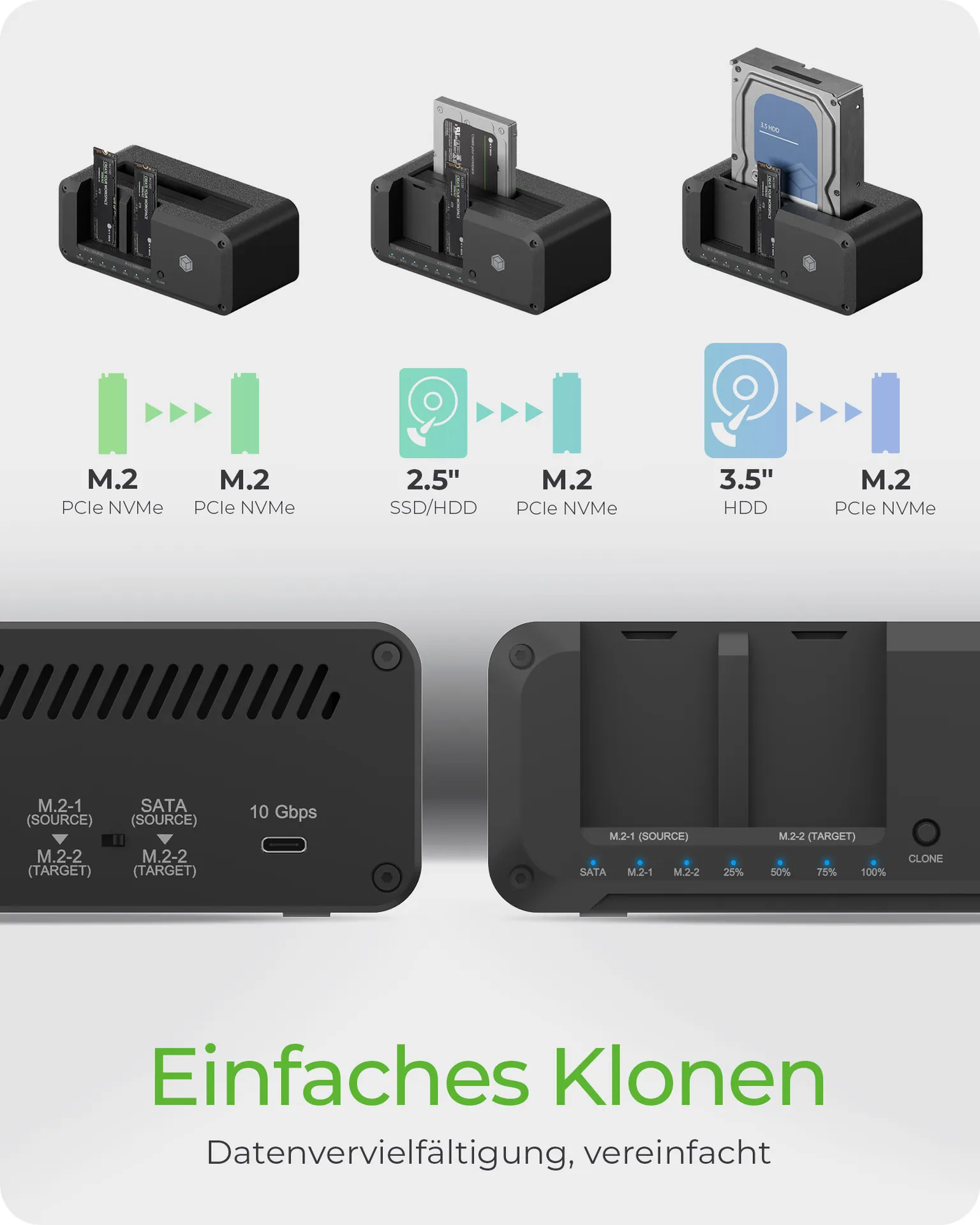 ICY BOX IB-2924MSCL-C31, Docking & CloneStation, klont 1x 2,5″/3,5″ zu 1x M.2 NVMe & M.2 NVMe zu M.2 NVMe, erkennt 3x Laufwerke über USB-C®/-A Host 10 Gbit/s ICY BOX IB-2924MSCL-C31, Docking & CloneStation, klont 1x 2,5″/3,5″ zu 1x M.2 NVMe & M.2 NVMe zu M.2 NVMe, erkennt 3x Laufwerke über USB-C®/-A Host 10 Gbit/s