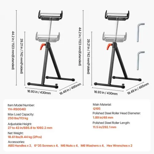 VEVOR 2er-Set Rollenständer, 113kg Tragkraft, höhenverstellbar 68-109cm, klappbarer Arbeitsbock mit Rollenkopf und Kantenführungen aus poliertem Stahl, für Tischkreissägen-Auslauf, Verlängerungsstütze – Bild 6