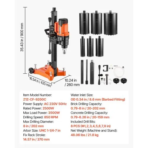 VEVOR Diamant Kernbohrmaschine 2500 W Kernbohrgerät Trocken/Nass 20-202 mm, für Beton Ziegel Keramikfliesen Asphalt Marmorböden, Inkl. 8 Bohrer & Rollständer & Tragegriff, 800 U/min, UNC1 1/4–7 Gewinde – Bild 6