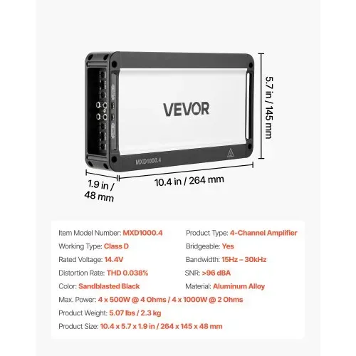 VEVOR Autoverstärker 4-Kanal, Endstufe Klasse D Überbrückbar, Max. 4 x 500 W an 4 Ohm / 4 x 1000 W an 2 Ohm, Hochleistungsverstärker für SUVs Pickups Geländewagen Mehrkanal-Audioverstärker – Bild 6
