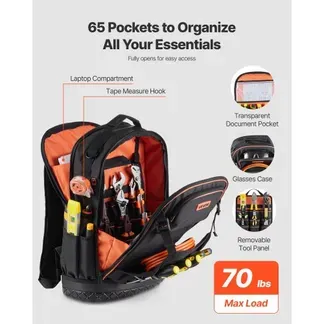VEVOR Werkzeugrucksack mit 65 Taschen, Backpack inkl. 21-teiliges Werkzeugset, Werkzeugtasche mit Laptopfach, für Elektriker, Reparaturtechniker und Heizungs-, Lüftungs- und Klimatechniker VEVOR Werkzeugrucksack mit 65 Taschen, Backpack inkl. 21-teiliges Werkzeugset, Werkzeugtasche mit Laptopfach, für Elektriker, Reparaturtechniker und Heizungs-, Lüftungs- und Klimatechniker