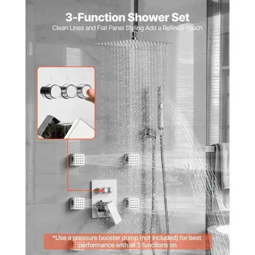 VEVOR Duschsystem-Set mit 10 Zoll Regenduschsystem / 6 Körperbrausen / 2 in 1 Handbrause, drehbarer Regenkopfsystem (3 Funktionen), Messingventil und Verkleidungssatz, Chrom Badezimmer VEVOR Duschsystem-Set mit 10 Zoll Regenduschsystem / 6 Körperbrausen / 2 in 1 Handbrause, drehbarer Regenkopfsystem (3 Funktionen), Messingventil und Verkleidungssatz, Chrom Badezimmer