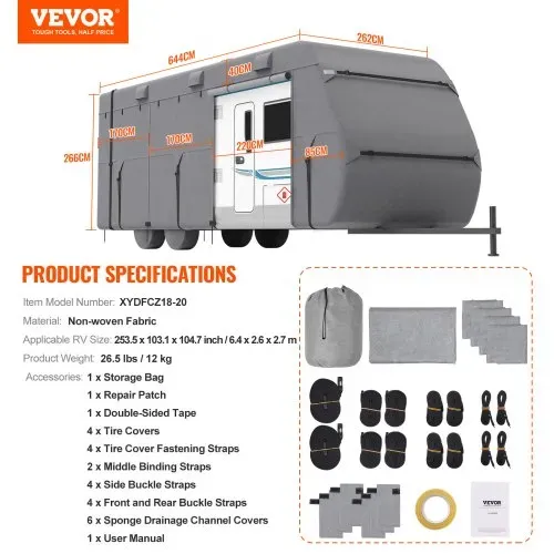 VEVOR Wohnwagen-Schutzhülle für 5,5-6,1 m Wohnwagen, Wohnwagenabdeckung aus Vliesstoff wasserdicht winddicht sonnenbeständig, Universal-Wohnwagenhülle mit Aufbewahrungstasche Reparaturflicken Gurten – Bild 5