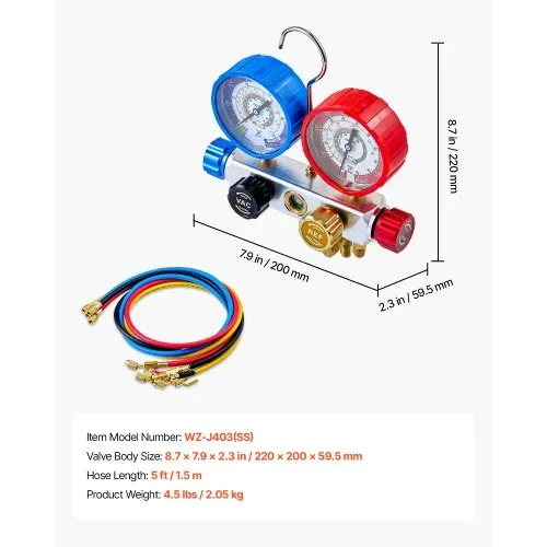 VEVOR Klimaanlagen-Manometer-Set für R22 R404A R410A R12 Kältemittel,4-Wege-Manometer mit 1,5-m-Schläuchen, für Wartung Evakuierung Befüllung Rückgewinnung von Klimaanlagen in Fahrzeugen Haushalten – Bild 6