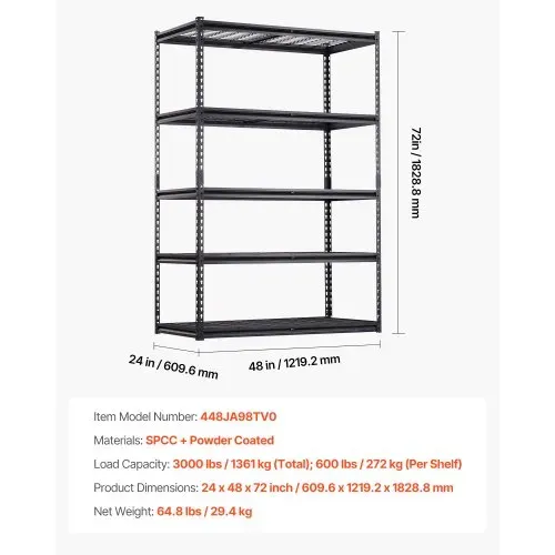 VEVOR Lagerregale, 1361kg, 5-stufiges Schwerlastregal für Garage, 609,6x1219,2x1828,8mm, verstellbare Steckregale für Industrieregale, Allzweckregal, Kellerregal für Küche, Lager, Keller, schwarz – Bild 6