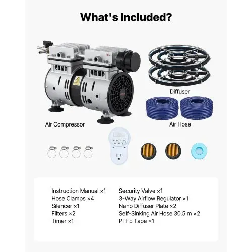 VEVOR Teichbelüfter, Teichbelüftungssystem-Set, inkl. 550-W-Luftpumpe, 30,5 m Luftschlauch, 2x 360°-Nano-Diffusorplatte, Luftkompressor für Sauerstoffzirkulation für Teich, Wassergarten – Bild 6