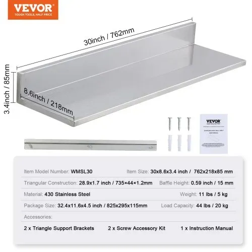 VEVOR Gewürzregal Wandregal 2-teilig, Hängendes Küchenregal 762 x 218 x 85 mm, Schweberegal Edelstahl 20 kg Belastbar, Regalbrett Wandboard Gewürzregal Geeignet für Küchen, Restaurants, Hotels usw. – Bild 6
