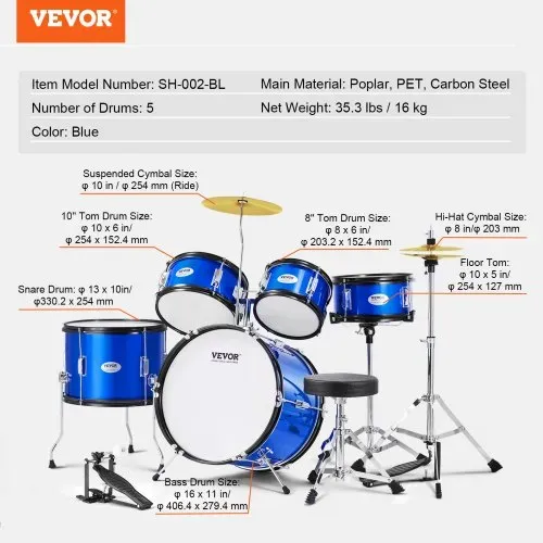 VEVOR Schlagzeugset für Kinder, 5-teilig, Anfänger-Schlagzeugset mit Bass-Toms, Snare, Standtrommel, verstellbarem Thron-Becken, Hi-Hat-Pedal und zwei Paar Drumsticks, Schlagzeugset für Kinder, blau – Bild 6