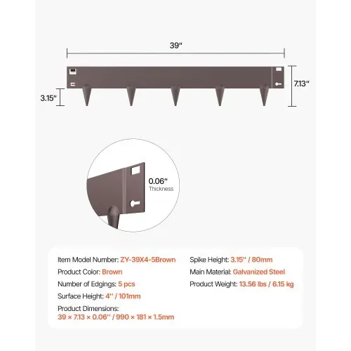 VEVOR Rasenkante, 5er Pack, 990x181x1,5 mm, Beeteinfassung, biegbare Beetumrandung, Garteneinfassung, robuste Gartenpalisade, einfach zu installieren, Trennwand für Blumenbeete, Hofwege, Braun – Bild 6