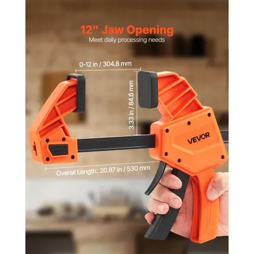 VEVOR Stangenklemmen für Holzbearbeitung 2 Stk. 30,48 cm Öffnung, Quick-Grip F-Klemme mit 154 kg Belastungsgrenze, 84,6 mm Tiefe, Kunststoff & Karbonstahl, Metallbearbeitung Orange + Schwarz – Bild 2