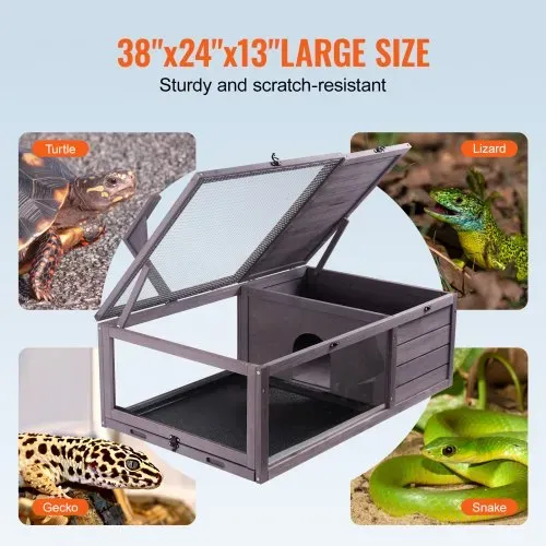VEVOR Schildkrötenhabitat, Schildkrötenhaus aus Holz für drinnen und draußen, Schildkrötengehege mit hängendem Lichtständer, 2-Zimmer-Reptiliengehege, Kleintierkäfig für Geckos, Eidechsen, Schlangen, 96,5 x 61 x 33 cm – Bild 5