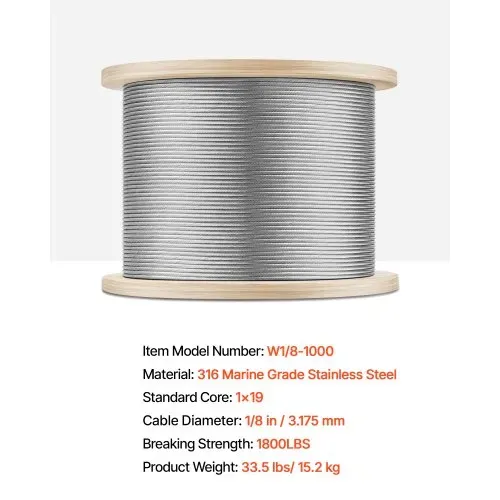 VEVOR Edelstahldrahtseil φ3,2 mm 304,8 m Länge, Drahtseil aus Edelstahl 316 mit einer Bruchlast von 798,3 kg, 1x19 Litzen, Stahlseil für Terrassengeländer, Gartenspaliere, inkl. Drahtschneider – Bild 6