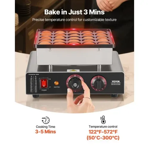 VEVOR Mini Pfannkuchenmaker Dutch Muffin Waffeleisen mit 43 mm Durchmesser, antihaftbeschichteter Poffertjes-Grill aus Edelstahl, elektrischer Mini Pancake Bäcker für Zuhause Küche Restaurant – Bild 2