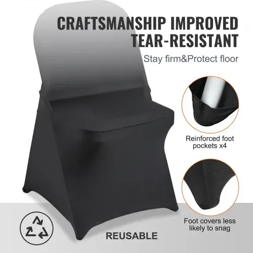 VEVOR Stuhlhussen aus Elastischem Spandex für Klappstühle, Universell Passender, Kurzer Vorderbezug, Abnehmbare &Waschbare Schonbezüge, für Hochzeit, Urlaub, Party, Feier, (50 Stück, Schwarz) – Bild 4