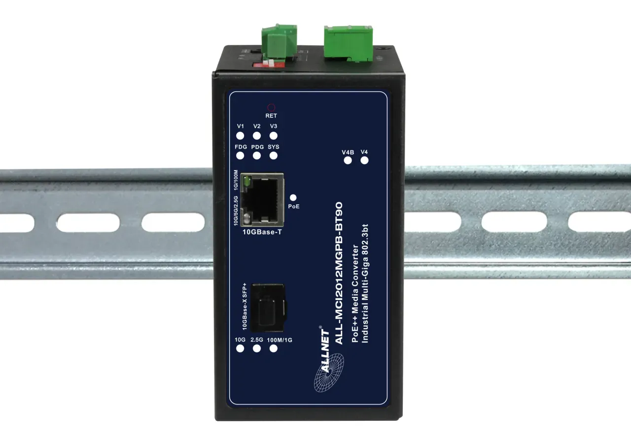 ALLNET Medienkonverter Industrial PoE (15,4W/30W/60W/90W) 10G-BASE-SX/-LX Single-/ Multimode SFP+ to RJ45 MultiG • Power-Booster 12~57VDC • DIN • ALL-MCI2011P-60W ALLNET Medienkonverter Industrial PoE (15,4W/30W/60W/90W) 10G-BASE-SX/-LX Single-/ Multimode SFP+ to RJ45 MultiG • Power-Booster 12~57VDC • DIN • ALL-MCI2011P-60W
