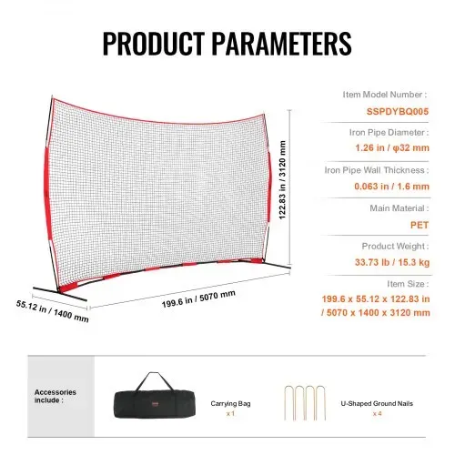 VEVOR Barrikaden-Backstop-Netz, Ballsport-Absperrnetz, 507 x 140 x 312 cm Tragbare Übungsausrüstung mit Tragetasche, Schutzschirm für Baseball, Softball, Fußball Training für den Garten – Bild 6