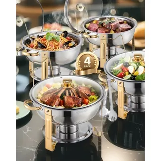 VEVOR Chafing Dish Buffet Speisenwärmer mit 4 Behältern in voller Größe (4,7 L), runder Catering-Wärmespender mit Glasdeckel & Wasserpfanne & klappbarer Ständer, für Hochzeiten Buffet Gold VEVOR Chafing Dish Buffet Speisenwärmer mit 4 Behältern in voller Größe (4,7 L), runder Catering-Wärmespender mit Glasdeckel & Wasserpfanne & klappbarer Ständer, für Hochzeiten Buffet Gold