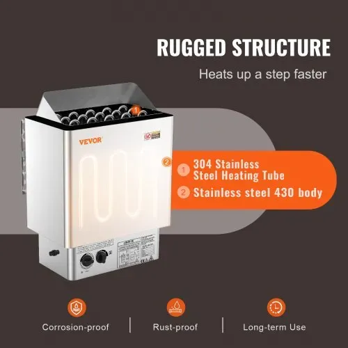 VEVOR Elektrischer Saunaofen, 8 kW, 400 V, 3N tragbare Saunaheizung für drinnen & draußen mit 3-Stunden-Timer, integrierte Steuerung für 8–12 m³, kommerzielle Hotel-Spa-Dusche, Edelstahl 430 – Bild 2