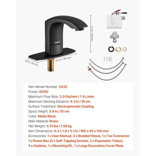 VEVOR berührungsloser Waschtischhahn (Mattschwarz) Badezimmer, automatische Waschtischarmatur, freihändig einstellbarer Sensorhahn (kalt/warm), batteriebetriebener Wasserhahn Toilettenhahn – Bild 6