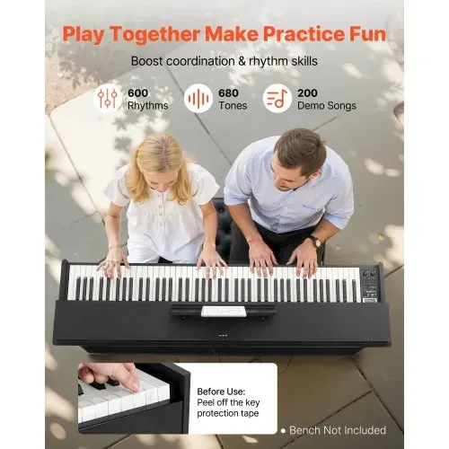 VEVOR Digitalpiano, 88 Tasten vollgewichtet anschlagdynamisch, E-Piano mit Möbelständer, Netzteil, Dreifachpedal, 680 Töne, unterstützt kabellose Verbindung, mit Kopfhörern, für Anfänger – Bild 3